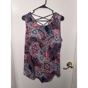 Amana Tank Top Paisley Print Criss Cross Back Navy Red White XL Plus Size